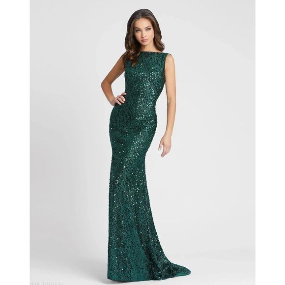 Mac Duggal 26331 Emerald Cowl Back Boat Neck Sequined Evening Gown Sz 14 NEW - Picture 1 of 7